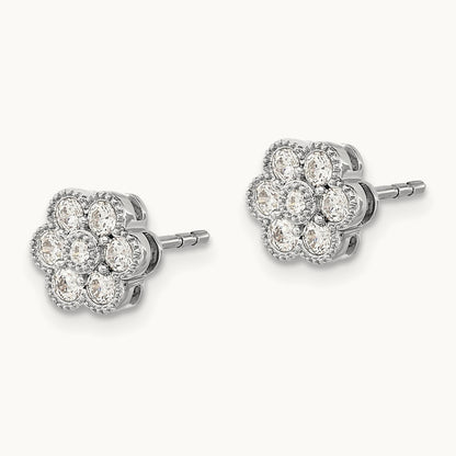 Floral Diamond Post Earrings, 14K White Gold
