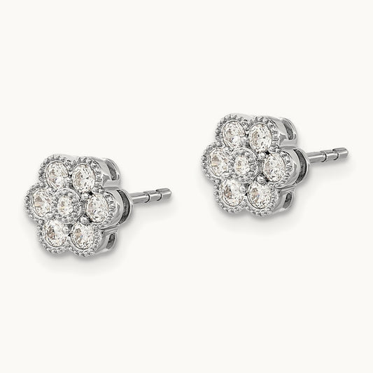 Floral Diamond Post Earrings, 14K White Gold