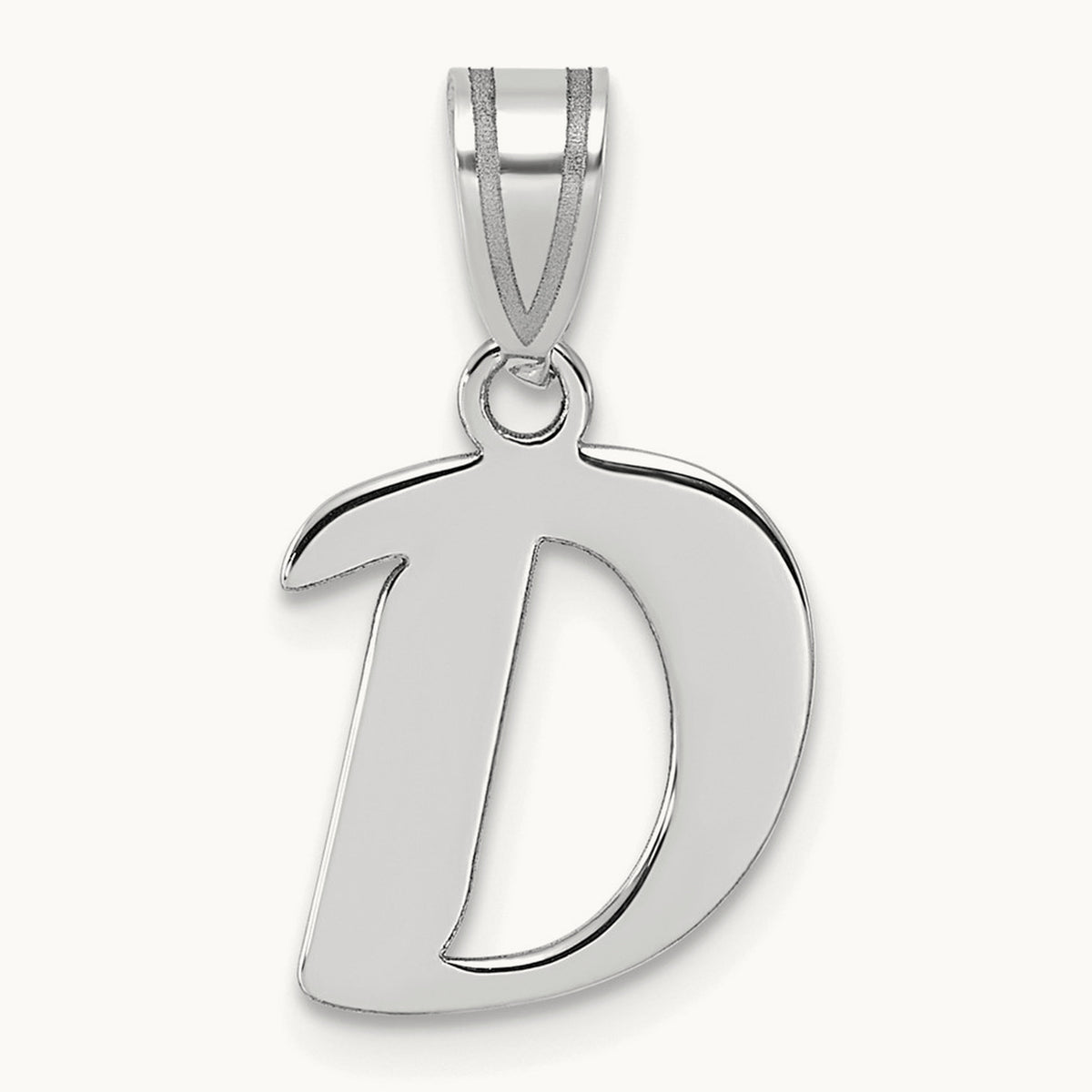 Polished Script Initial Pendant — 14K White Gold, D