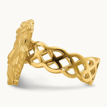 Brushed & Polished D/C Jesus Head Ring, 14K
