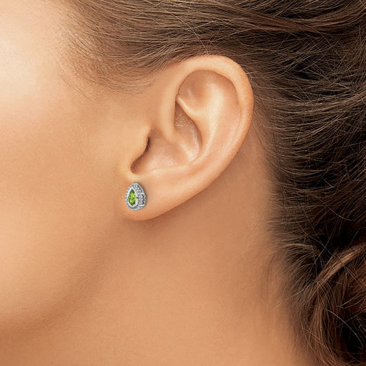 Pear Peridot Post Earrings — 14K White Gold