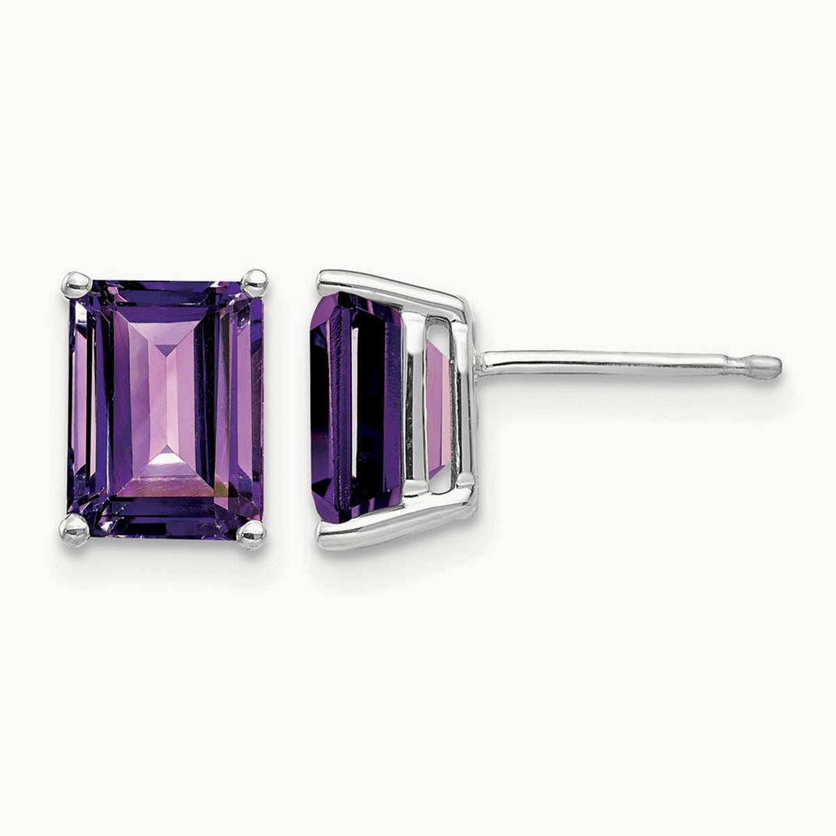 8x6mm Emerald Cut Amethyst Earrings, 14K White Gold