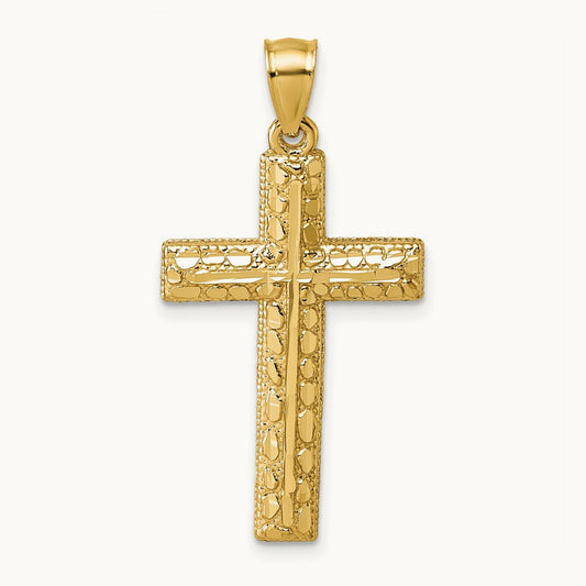 Polished Diamond-cut Textured Fancy Cross Pendant — 14k Yellow Gold