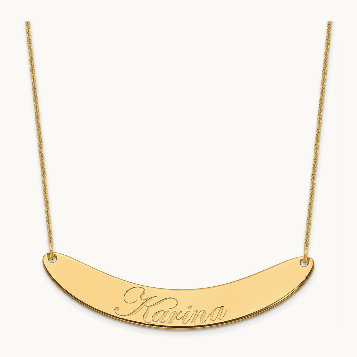 Large EDWARDIAN SCRIPT Curved Bar Necklace, 14K Yellow Gold