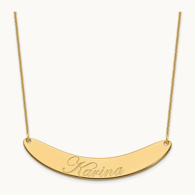 Large EDWARDIAN SCRIPT Curved Bar Necklace, 14K Yellow Gold