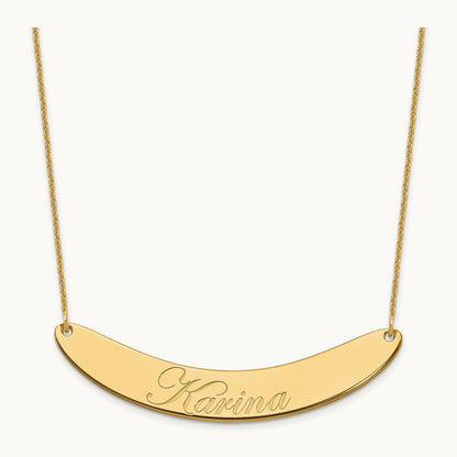 Large EDWARDIAN SCRIPT Curved Bar Necklace, 14K Yellow Gold