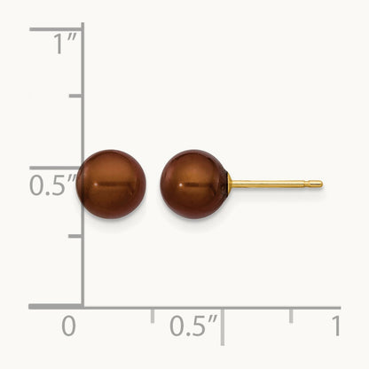 6- Brown Round Freshwater Cultured Pearl Stud Post Earrings, 7mm, 14K