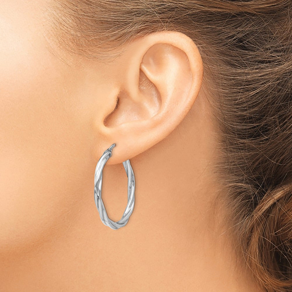 Rhodium-plated Polished Twisted Hinged Hoop Earrings — 32mm