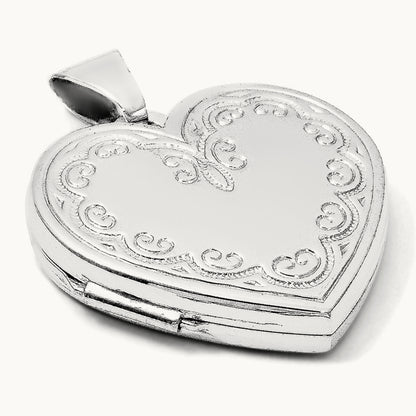 Scroll Design Heart Locket, 14K White Gold