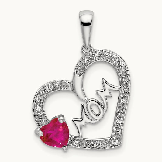 Ruby and Diamond MOM Heart Pendant, 14K White Gold