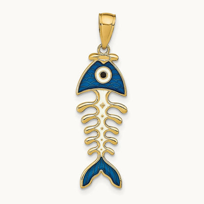 3D Blue Enamel Fish Bone Pendant, 14K