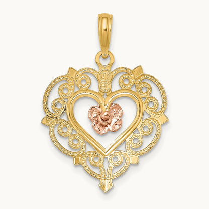 Flower and Heart Charm, 14K Rose with Yellow Gold