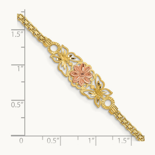 Brushed & Polished Butterfly & Flowers Bracelet, 14K Two-tone