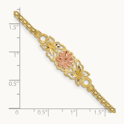 Brushed & Polished Butterfly & Flowers Bracelet, 14K Two-tone
