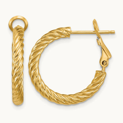 Twisted Round Hoop Earrings — 14K Yellow Gold, 3x21mm