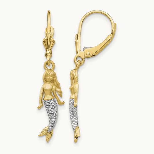 Brushed & Polished Mermaid Earrings, 14K with White Rhodium