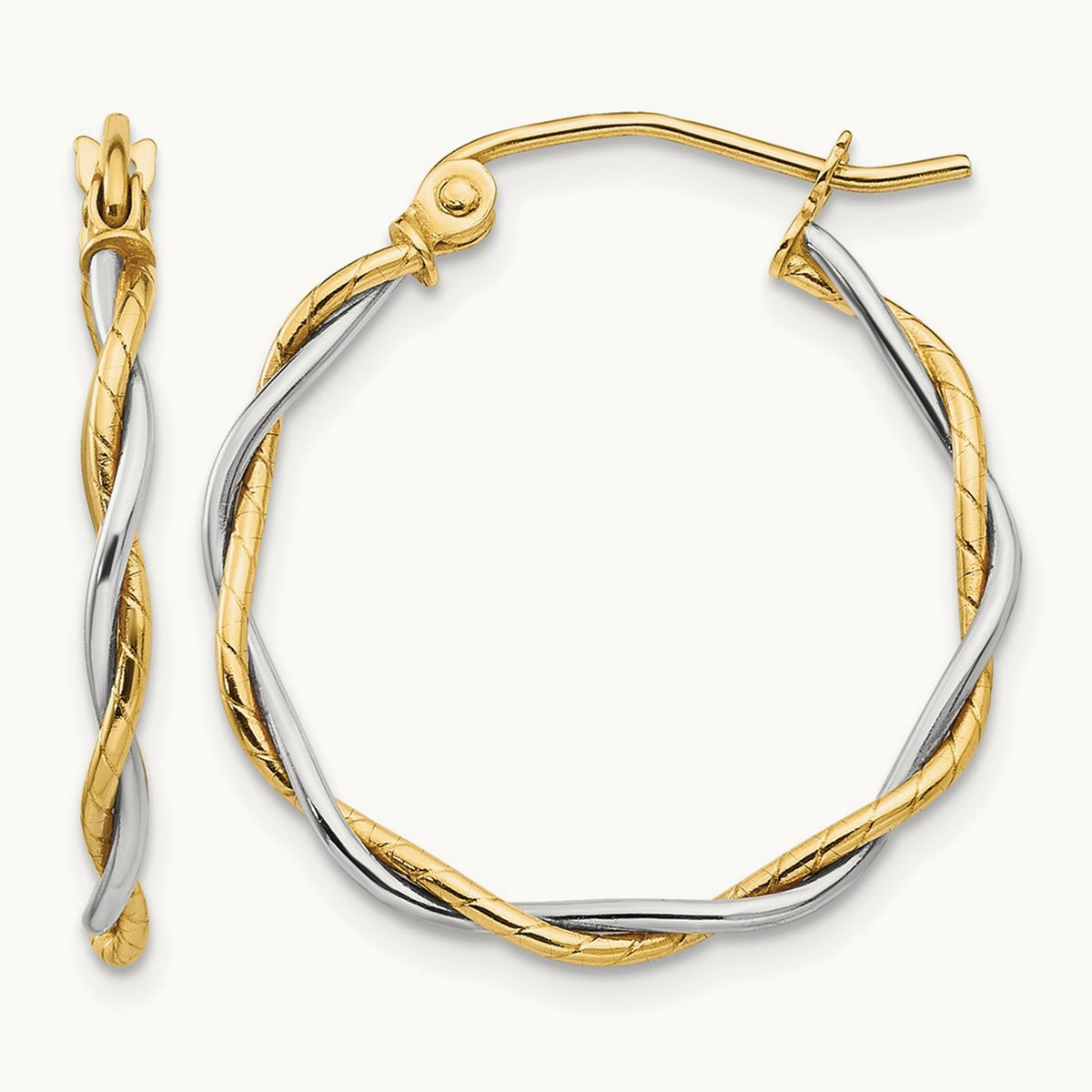 Twisted Dual Band Hoop Earrings — 14K Two-Tone Gold, 21mm, 1.8mm
