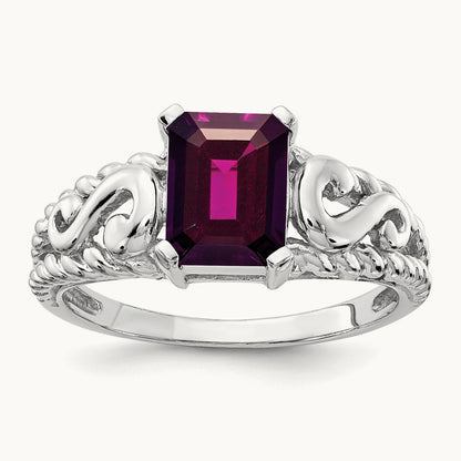 Emerald Cut Rhodolite Garnet ring — photo set