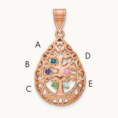 5 Birthstone Tree of Life Tear Drop Pendant, 14K Rose Gold