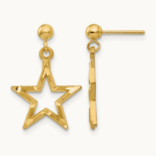 Polished & Diamond-Cut Star Dangle Post Earrings, 14K