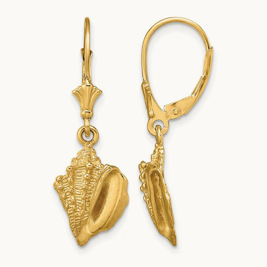 Conch Shell Leverback Earrings, 14K