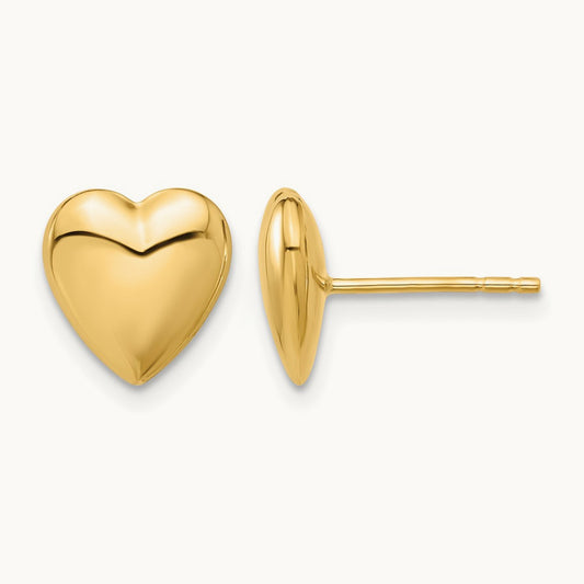 Polished Puffed Heart Post Earrings — 14K Yellow Gold, 9.9mm