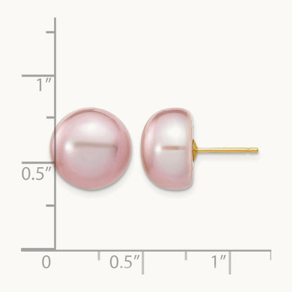 11- Purple Button Freshwater Cultured Pearl Stud Post Earrings, 12mm, 14K