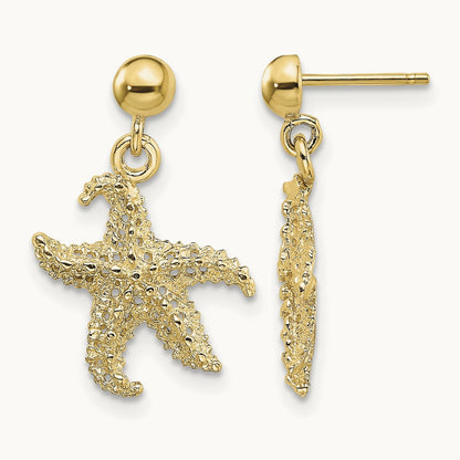 3D Starfish Post Dangle Earrings, 14K