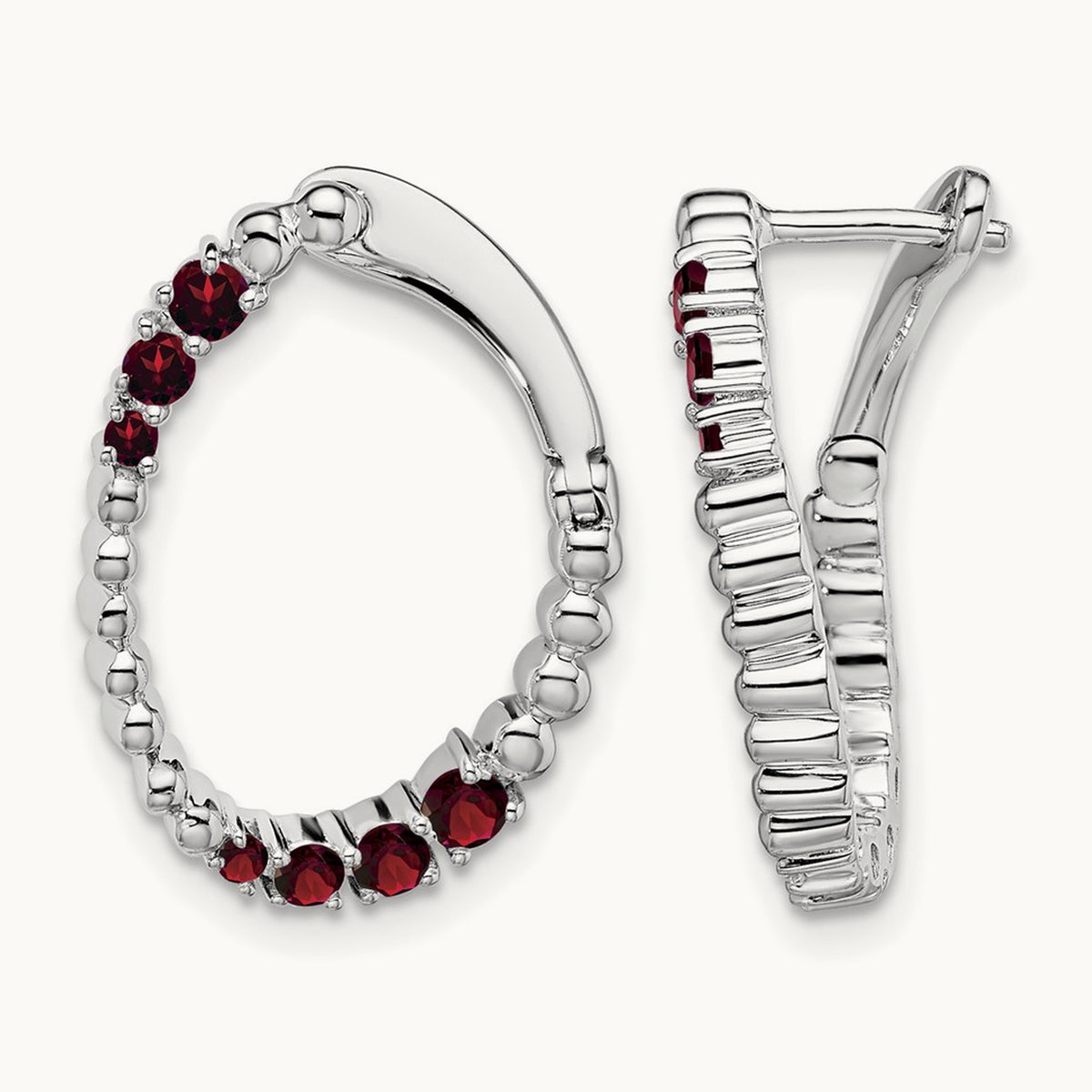 Garnet Oval Hoop Earrings, 14K White Gold