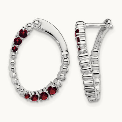 Garnet Oval Hoop Earrings, 14K White Gold