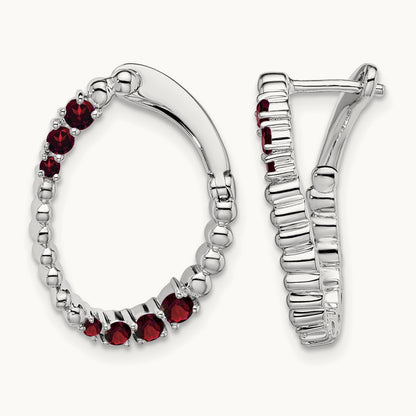 Garnet Oval Hoop Earrings, 14K White Gold