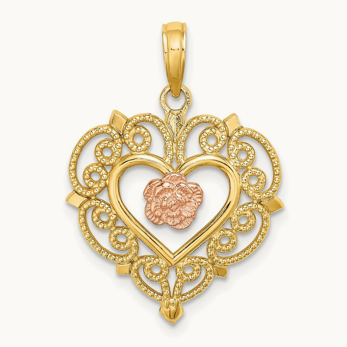 Flower and Heart Charm, 14K Rose with Yellow Gold