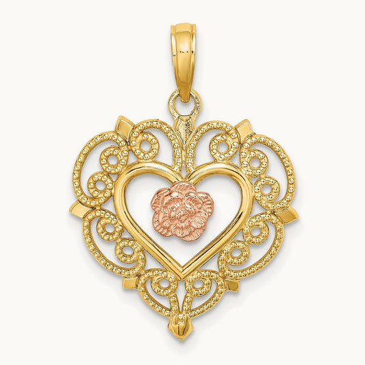 Flower and Heart Charm, 14K Rose with Yellow Gold