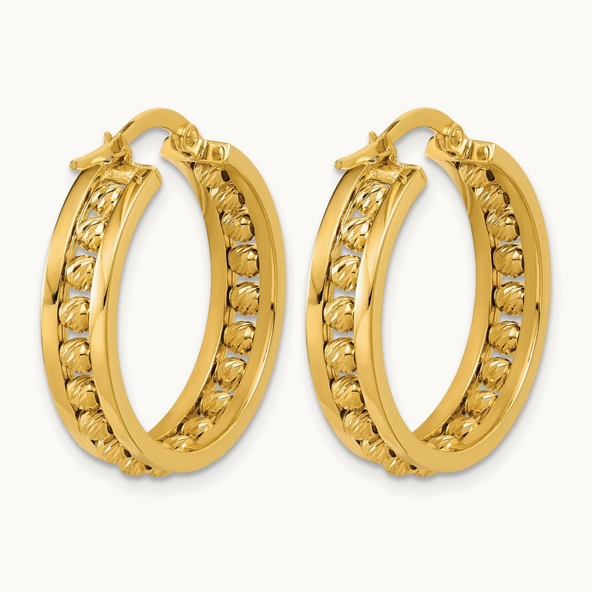 Polished and Diamond-cut Beaded Tube Hoop Earrings — 24.5mm
