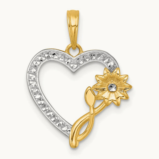 Polished Flower On Heart Charm, 14K with White Rhodium
