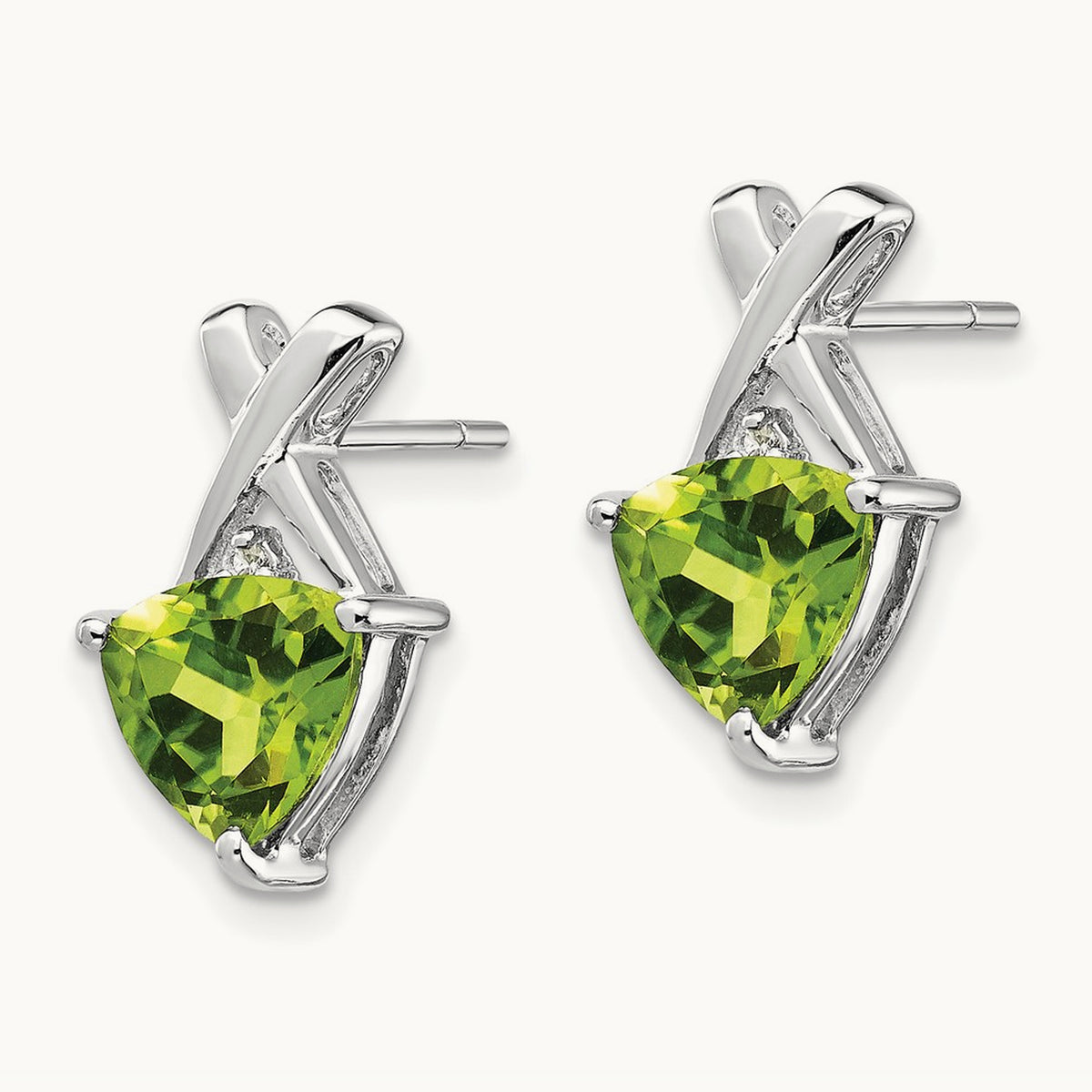 Peridot and White Topaz Trillion Post Earrings, 14K White Gold