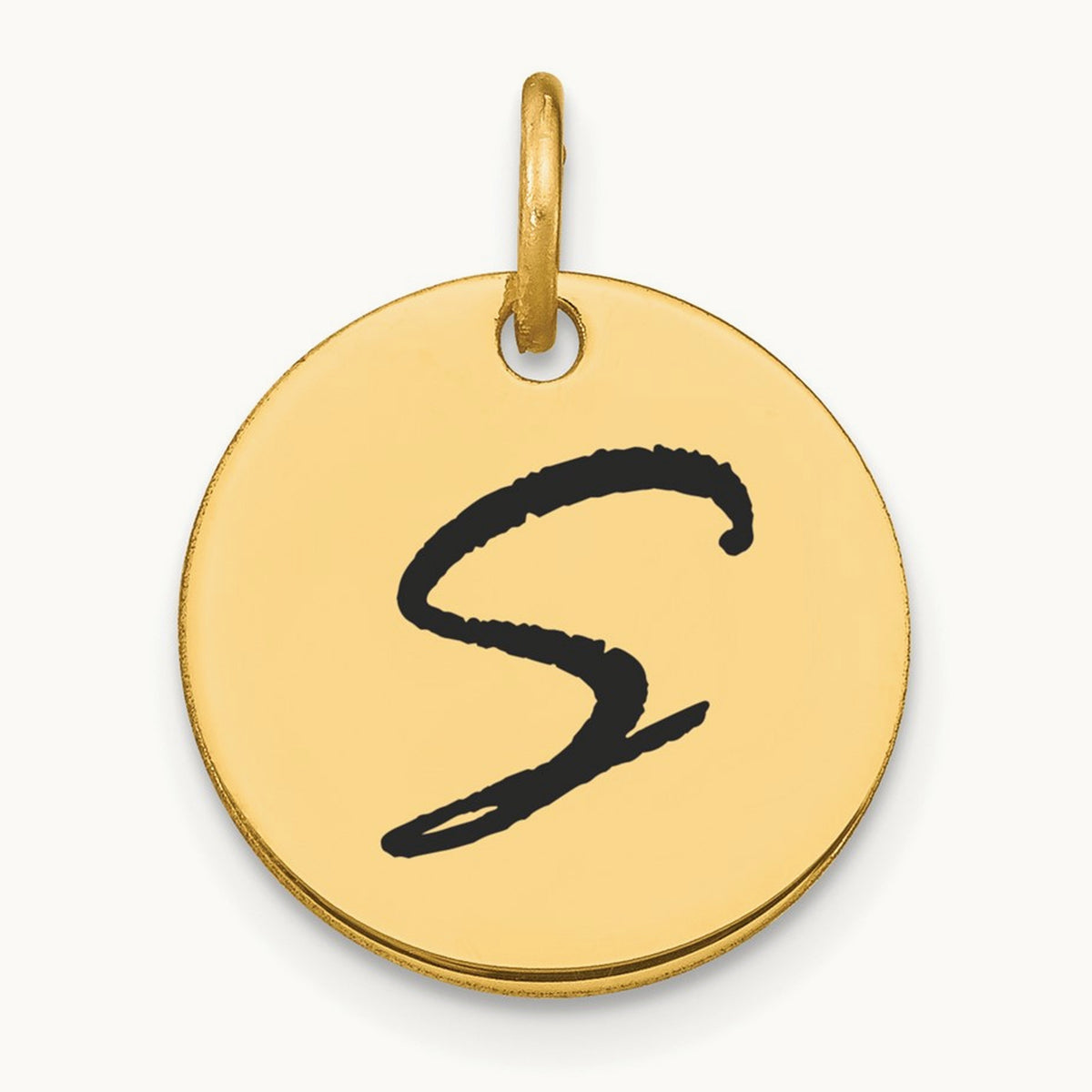 Polished Black Enamel Initial Disk Charm — 14K Yellow Gold, S