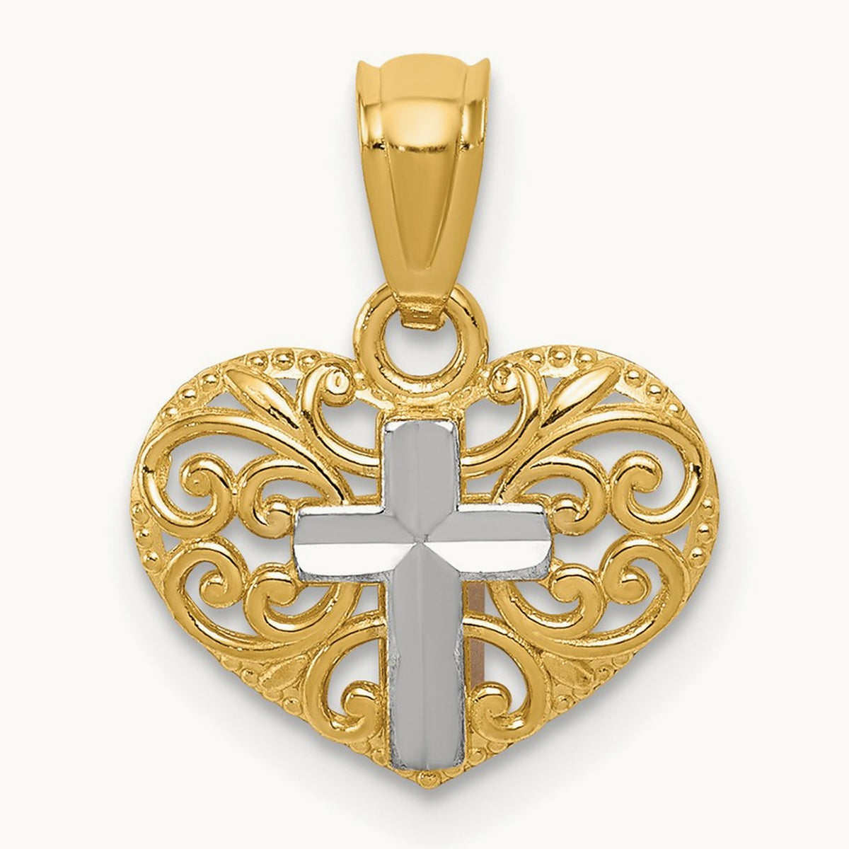 w/Rhodium Cross in Heart Pendant, 14K