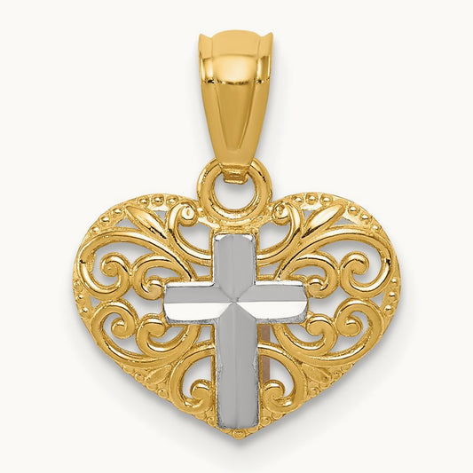 w/Rhodium Cross in Heart Pendant, 14K