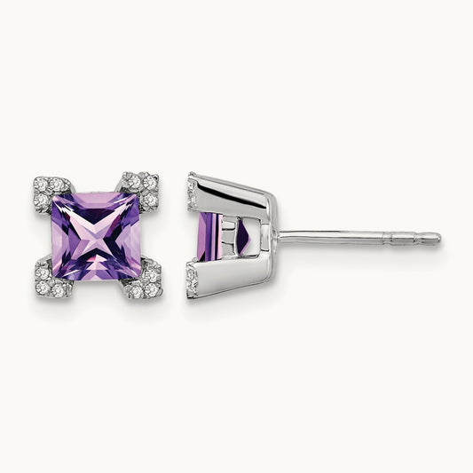 Square Amethyst and Diamond Earrings, 14K White Gold