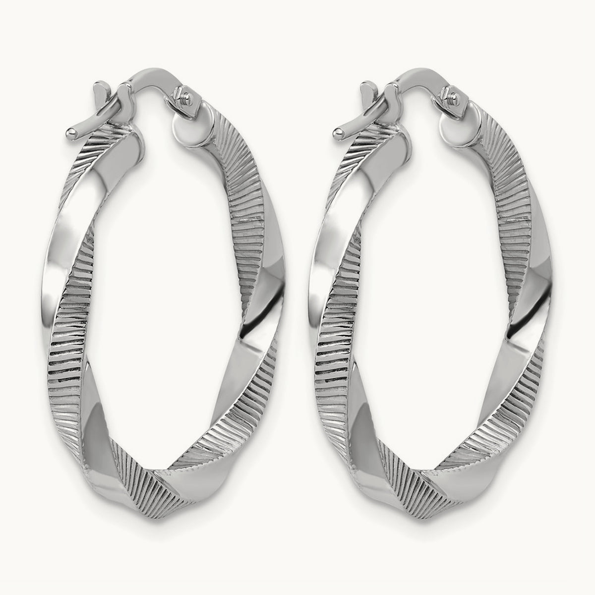 Rhodium-plated Twisted Textured Hoop Earrings — 27mm