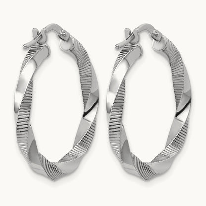 Rhodium-plated Twisted Textured Hoop Earrings — 27mm