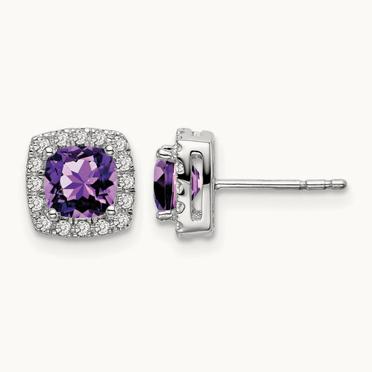 Cushion Amethyst and Diamond Halo Earrings — 7.8mm
