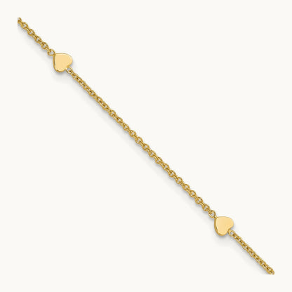 Polished Hearts 10in Plus 1in ext. Anklet, 14K