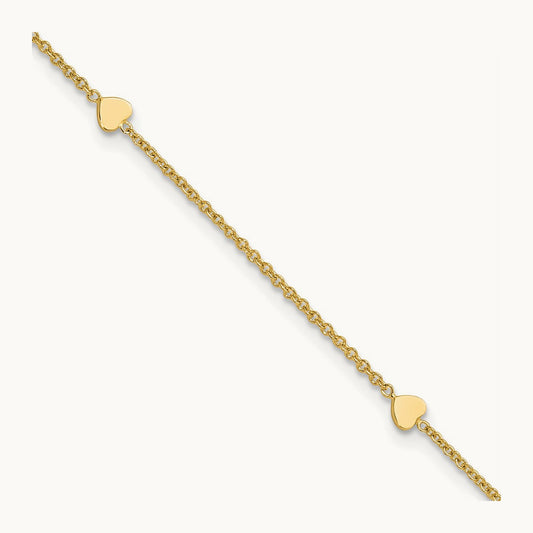 Polished Hearts 10in Plus 1in ext. Anklet, 14K