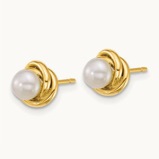 4- Button White Freshwater Cultured Pearl Post Earrings, 5mm, 14K