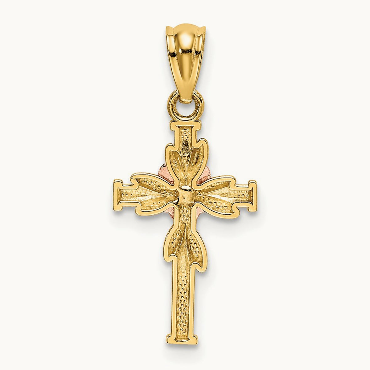 Polished D/C Cross w/Flower Pendant, 14K Two-tone