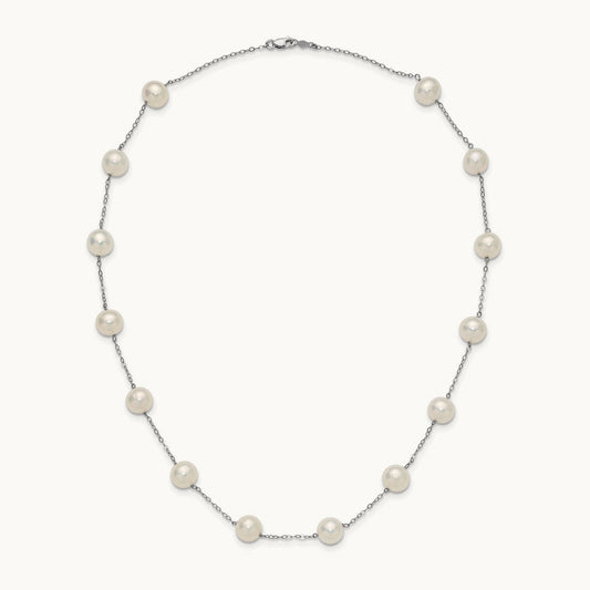 8- White Freshwater Cultured Pearl 14-station Necklace, 9mm, 14K White Gold