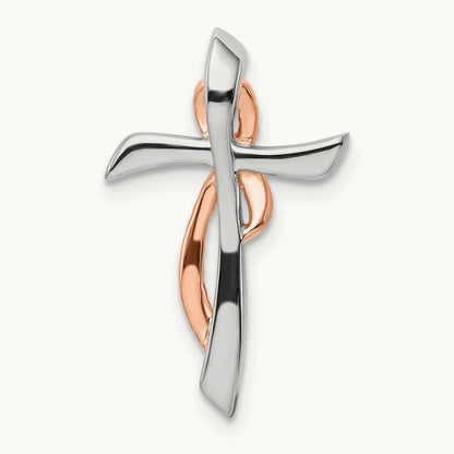 & Rose Cross w/Ribbon Diamond Chain Slide, 14K Two-tone White
