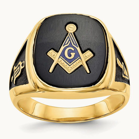 Men's Polished & Textured w/ Black Enamel & Onyx Masonic Ring, 14K